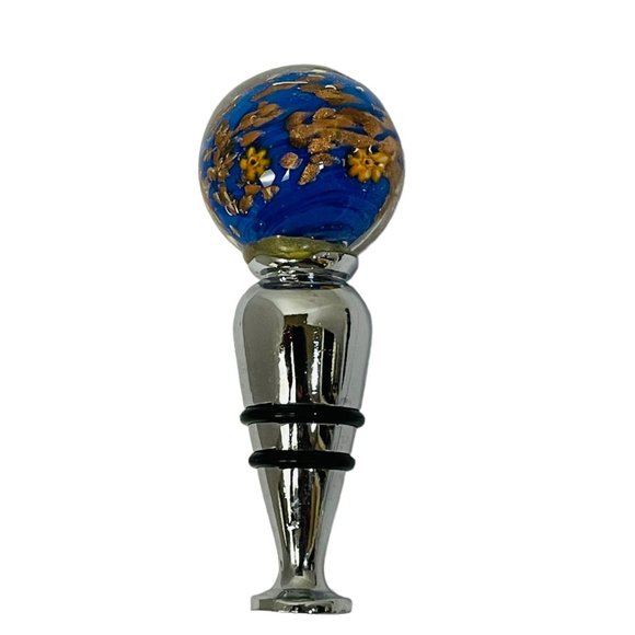 Murano Glass Blue Orange Glass Bottle Stopper Mullti Cover 3 1/3" - Picture 4 of 7